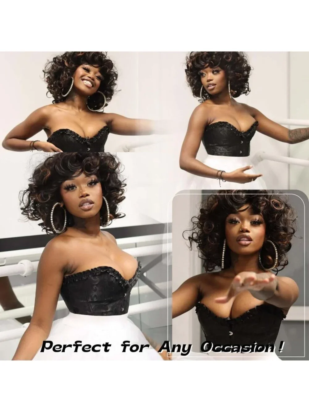 Women Black 14 Inch Ombre Brown Party Cosplay Use For Short Curly Wig With Bangs